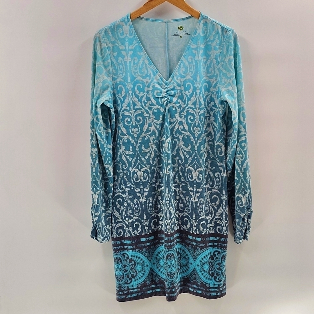 Dakini V Neck Dress Size Large Blueish Green Long Ruching Sleeve